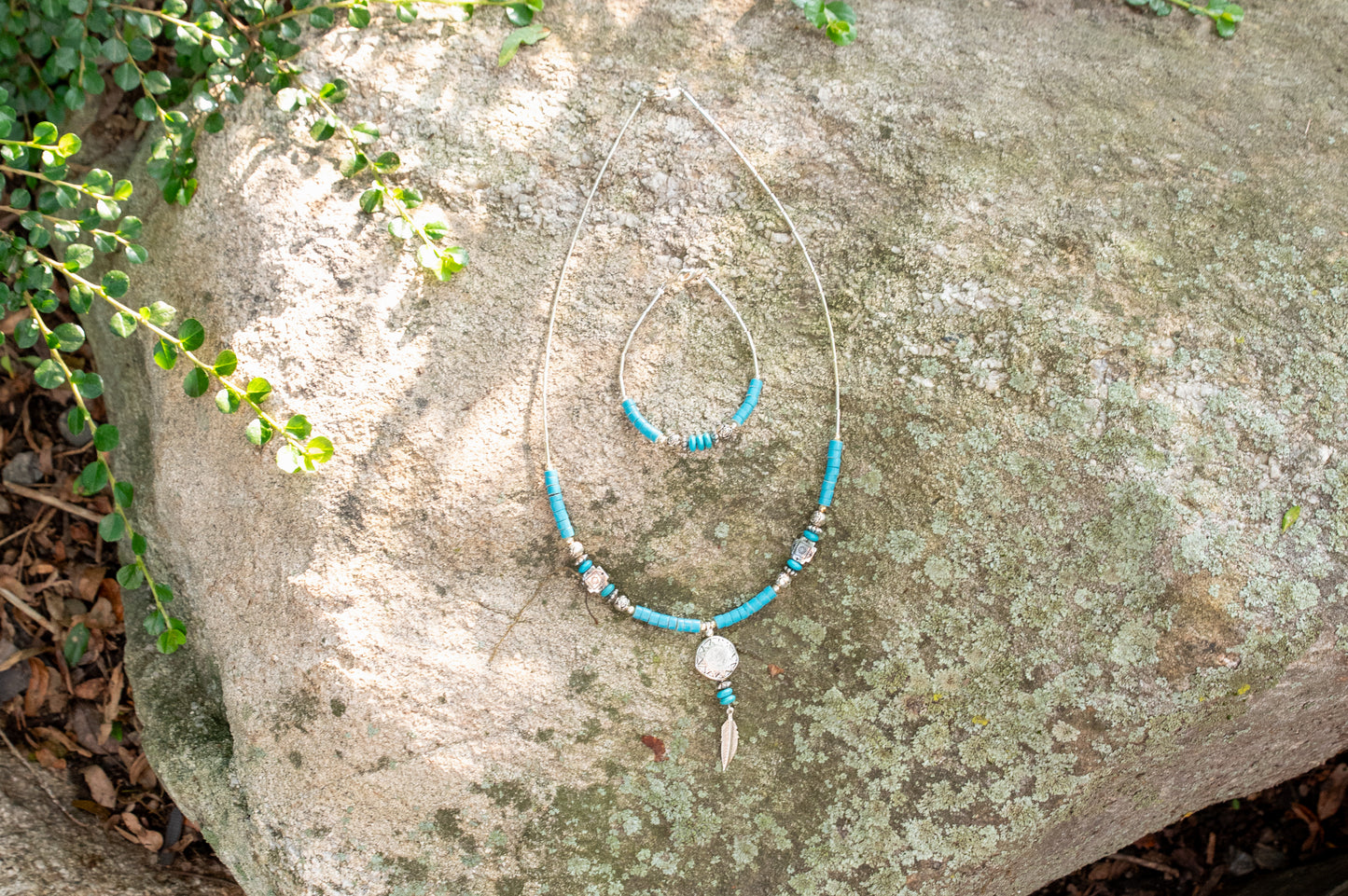 Turquoise & Silver Necklace Bracelet Set